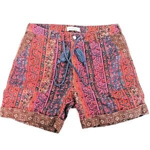 Sundance Linen Cotton Boho Print Shorts Women’s 12 Tassel Tie Pockets Multicolor